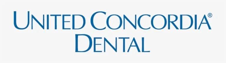 Logo of United Concordia Dental, styled with vertical blue stripes forming the background of the brand name in blue.